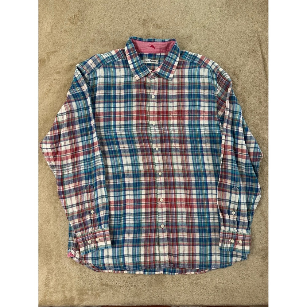 Tommy Bahama shirt Mens size XL Blue Red Linen Plaid Button Down Long sleeve EUC